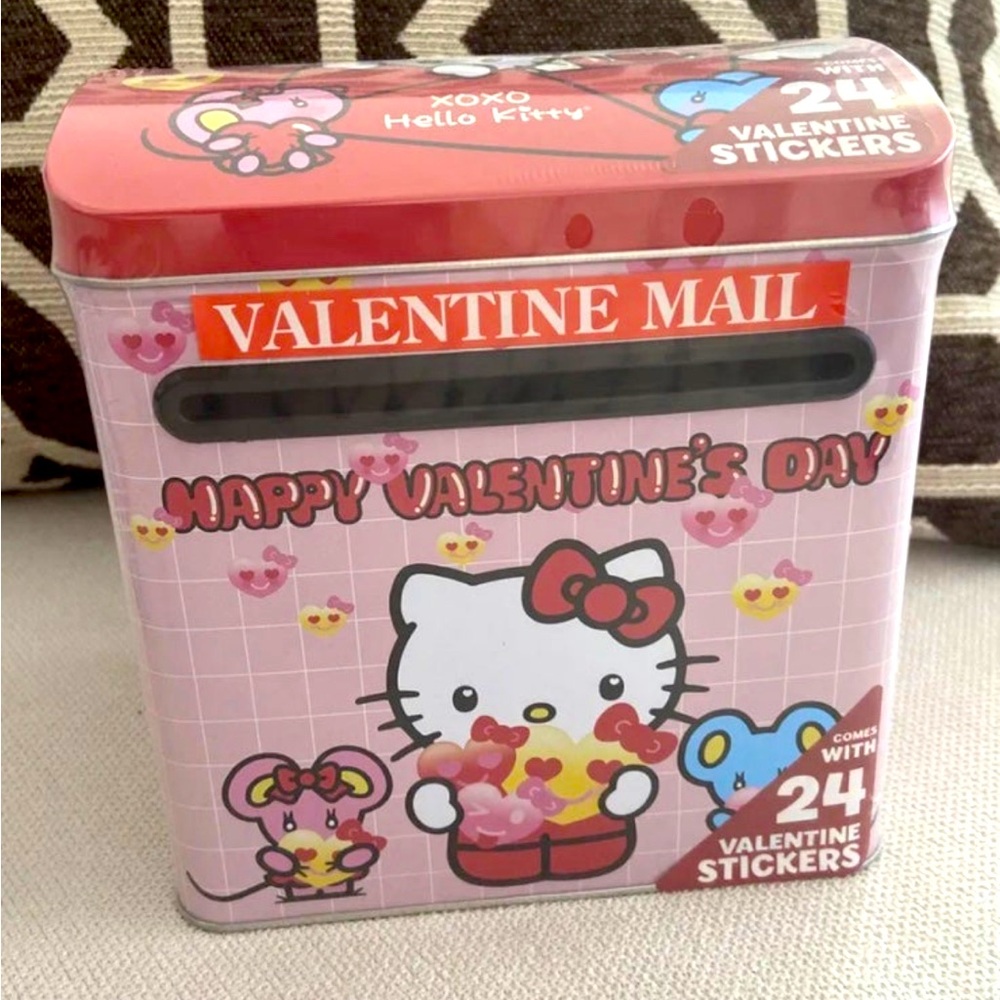 Sanrio Hello Kitty Pink Valentines Tin Tall Mail Box with Sticker 7” X 6” (NEW)